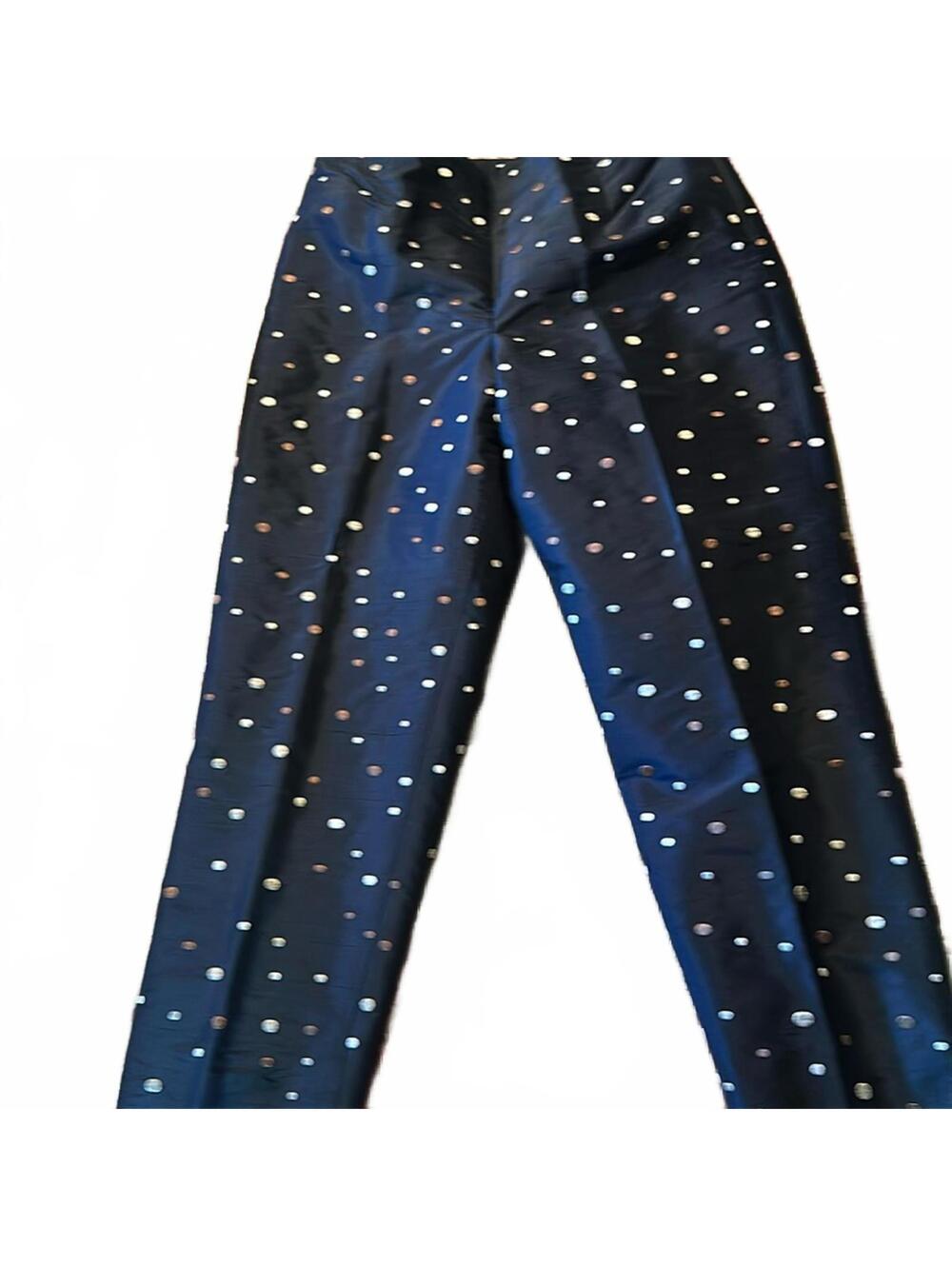 Navy dressy silk pants with beige and taupe dots